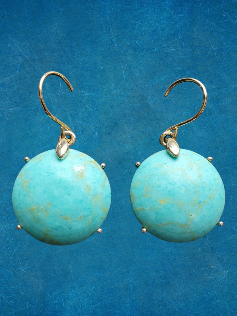Vintage Monet Signed Turquoise Cabochon Drop Earrings, Ornate Filigree Back